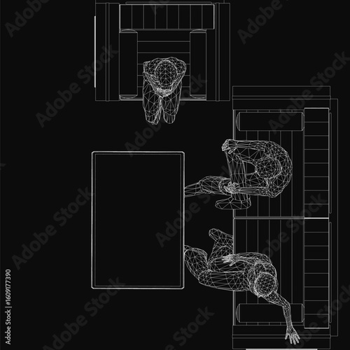 Three people sit on a couch in a dimly lit restaurant, their silhouettes sharply contrasted in black and white. A low table in front adds depth to the top-down composition, highlighting the intimate.