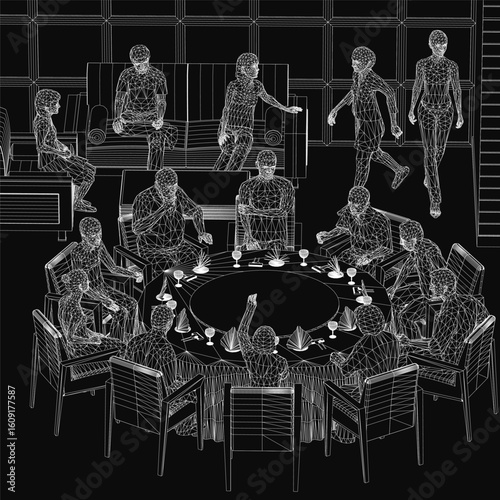 A group of people sits around a round table in a restaurant, playing poker with glasses and chips scattered on the surface. The wireframe design of the room features a neutral-toned wall.