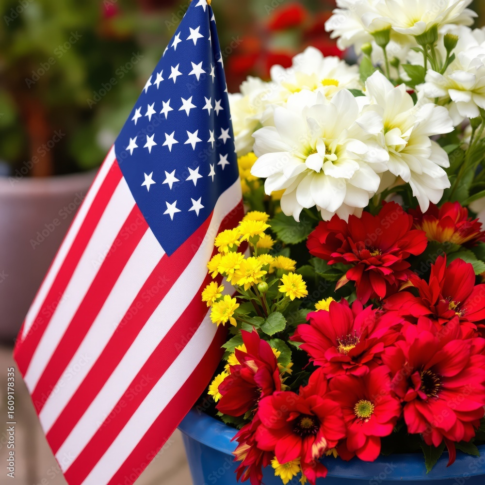 Obraz premium Patriotic floral arrangement with an American flag.