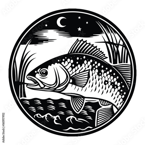 Fishing logo. Bass fish club emblem. Fishing theme vector illustration. Isolated on white Background	
