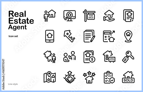 Real estate agent icon set with house, broker, loan, mortgage, property, contract, rent, sale, client, and home buying concepts