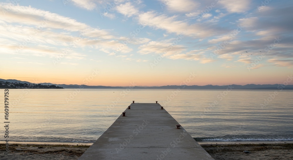 Fototapeta premium Tranquil Concrete Pier Extends into Calm Lake at Sunset