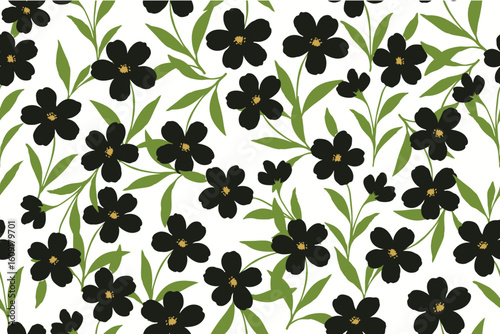 Seamless pattern of bold black flowers and fresh green leaves on white background. Modern floral design ideal for fabric, wallpaper, or digital prints.