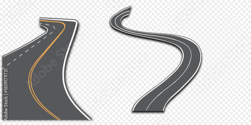 Road with white stripes on a plaid background. Set curved routes.