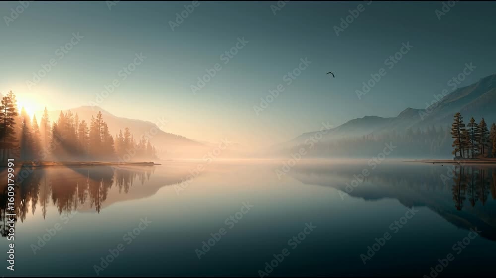 A serene landscape of a tranquil lake surrounded by pine trees and distant mountains in a peaceful valley, soft mist hovering over the calm water, birds gently gliding above, golden hour lighting cast