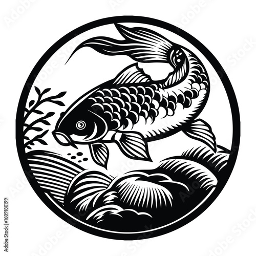 Fishing logo. Bass fish club emblem. Fishing theme vector illustration. Isolated on white Background	
