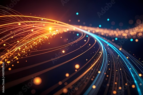 Abstract glowing fiber optic cable background-Colorful light trails representing high-speed internet, data transfer, or futuristic technology with glowing orange and blue fibers.
