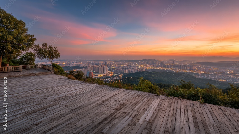 Fototapeta premium Panoramic City Sunset View From Mountaintop