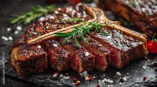 Dry aged barbecue porterhouse T-bone steak sliced with large fillet herbs and salt American meat restaurant