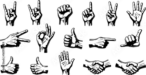 Set of vector hand gestures in a black and white, vintage woodcut style. Collection of various hand signs, including thumbs up, peace sign, pointing, and handshake.