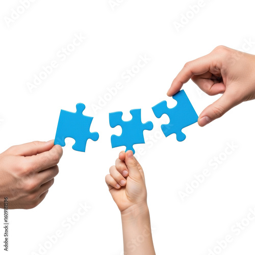Three distinct hands, two adult and one child's, hold bright blue interlocking puzzle pieces against a clean white background with copy space, symbolic representation of collaboration and