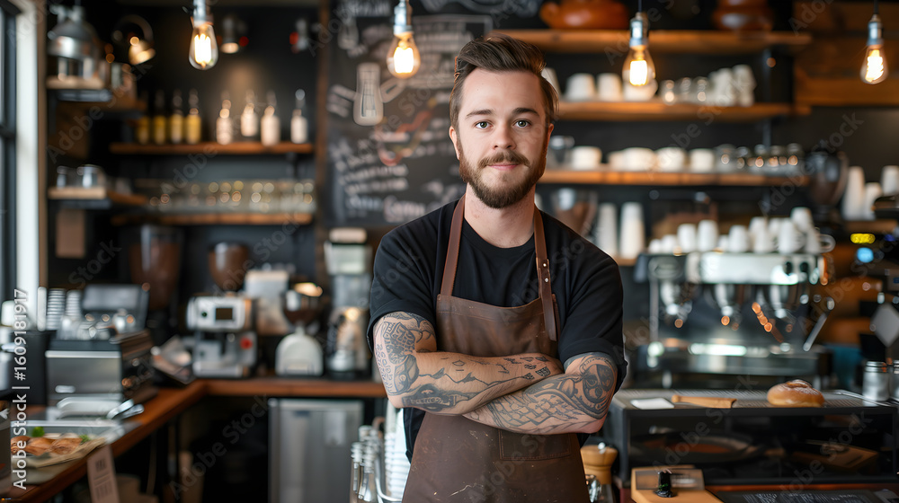 Fototapeta premium Modern barista with beard, tattoos and apron working in stylish coffee shop interior