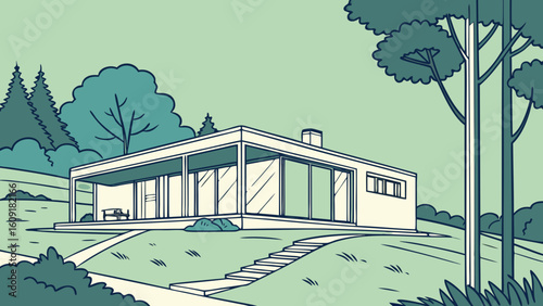Modern house architecture design in nature landscape illustration for real estate and home decor use