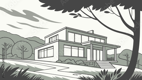 Modern house architecture landscape design illustration vector home building exterior property real estate residence