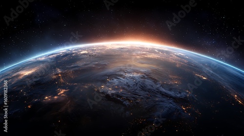 Earth from space with detailed surface view glowing atmosphere deep space background realistic planet scene cosmic and beautiful perspective