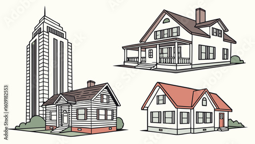 Cartoon building architecture drawing of houses and skyscraper residential real estate property development
