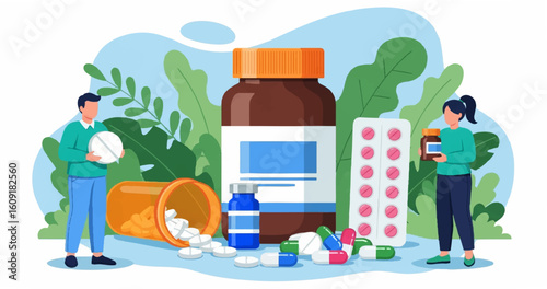 Two people with various medicine bottles, blister packs, and scattered pills. Healthcare and pharmacy concept illustration.