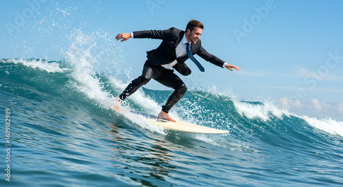 Confident businessman in a suit surfing a wave under a sunny sky, symbolizing overcoming challenges and success in business.
