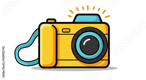 Stylish yellow camera illustration with a teal strap, perfect for photography content and creative travel blogs
