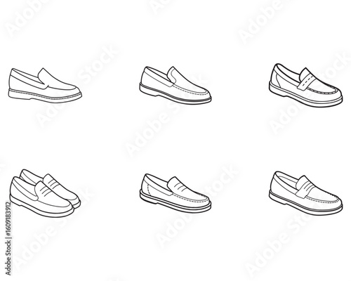 Assortment of Loafer Shoe Styles in Minimalist Black and White Line Art Designs for Fashion and Style