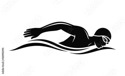 Dynamic Swimmer Silhouette Logo: Minimalist Black and White Aquatic Sport Design