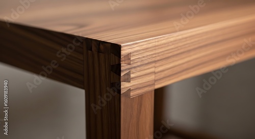 A detailed close-up of a handcrafted wooden table corner, showcasing the precision of a classic dovetail joint.