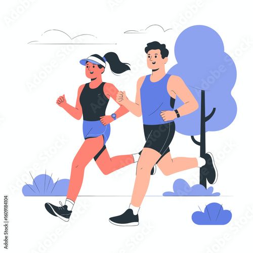 Fun Couple Running in Nature Illustration