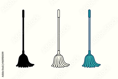 Vector illustration set of a cleaning mop in silhouette, line art, and full-color styles. Perfect for janitorial graphics, home cleaning visuals, hygiene icons, and housekeeping design themes.