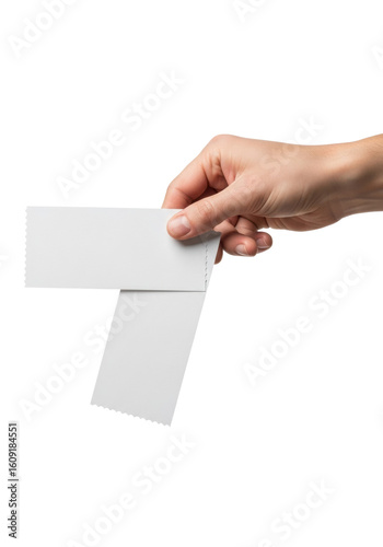 Adult caucasian hand, clean and well-groomed, holding two identical blank white rectangular tickets angled slightly, on a transparent isolated background, ultra realistic UHD studio shot, ideal for a
