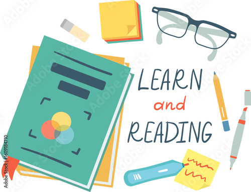Books, glasses, stationery and text learn and reading are promoting education and literacy, providing essential tools for knowledge and self improvement