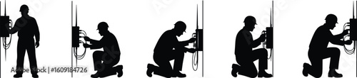 Cad drawing flat vector illustration of electrician silhouette at electrical panel, working posture, black white minimalist style, job concept