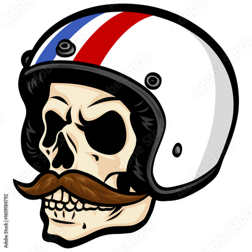 Skull Wearing Helmet Vintage Retro Style of Motorcycle Racer Vector Illustration