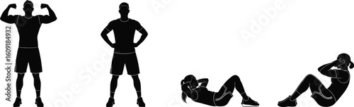 Four silhouettes of people in different workout poses, flat vector cad drawing for fitness routine, health design, gym visuals