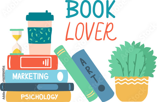 Stack of books about marketing, psychology and art, near an hourglass, a coffee and a plant, representing a book lover enjoying reading different books
