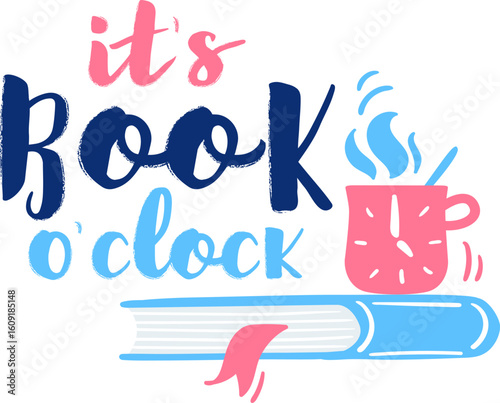 Book o'clock concept featuring a steaming mug with a clock on it, placed on a closed book with a bookmark, inviting readers to relax and enjoy reading