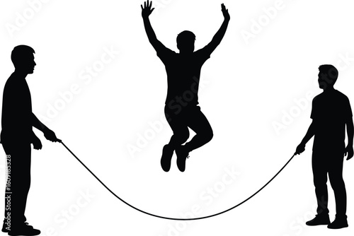 Cad drawing flat vector illustration of three people doing jump rope activity, teamwork coordination, black white minimal silhouette artwork