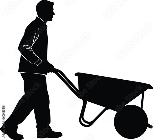 Person pushing wheelbarrow silhouette in black cad vector style for gardening, manual labor, farming, construction and lifestyle design use