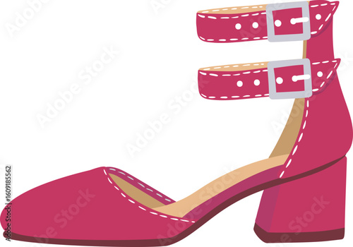 Pink heeled shoes with double ankle straps and buckles showcasing a fashionable design, ideal for adding a touch of elegance and style to any outfit