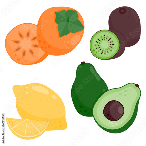Set of ripe juicy fruits. Kiwi, lemon, avocado, persimmon.