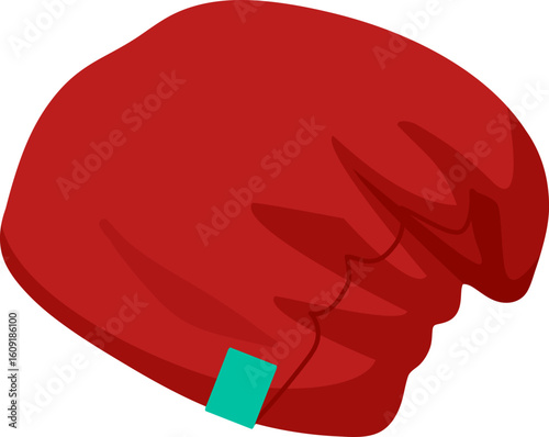 Warm winter headwear, red woolen beanie with turquoise rectangular label facing right, isolated on white background, perfect for cold weather