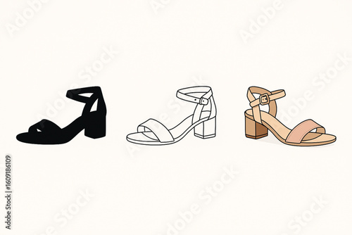 Vector illustration set of ladies’ sandals shown in silhouette, line art, and full-color styles. Ideal for fashion design, summer wear ads, footwear branding, and online boutique graphics.