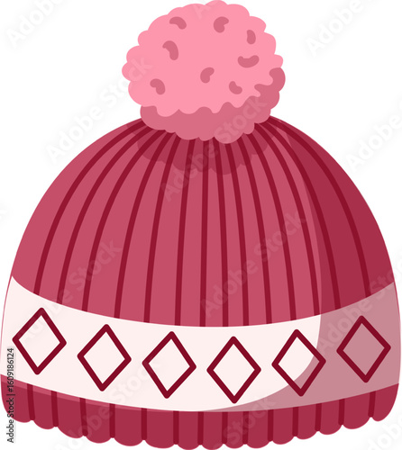 Warm, knitted winter hat featuring a fluffy pink pompom and a stylish rhombus pattern, providing cozy comfort and fashionable flair during the chilly winter months