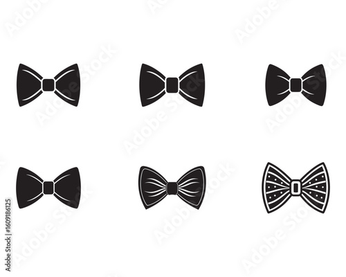 Collection of different bow tie styles in black and white for fashion and design concepts and menswear accessories represented as graphic vector icons
