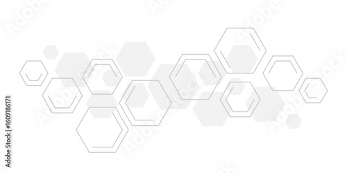 Minimalist abstract background featuring overlapping hexagons in soft gray tones on white. Ideal for tech, science, or medical themes—modern, clean, and geometric design aesthetics.