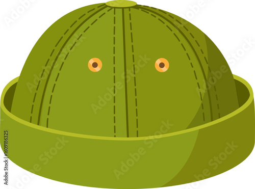 Green docker hat with two orange buttons and visible seams is isolated on white background, creating a simple yet stylish image perfect for fashion or retail projects
