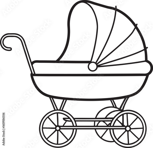 Classic vintage baby carriage outline drawing isolated on white background