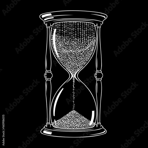 An hourglass where the sand is made of tiny, falling digital pixels 0s and 1s