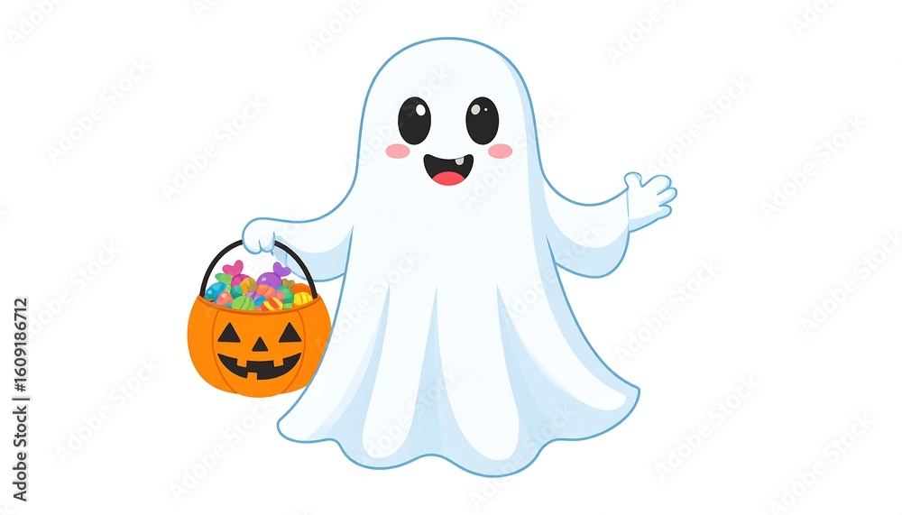 Cute cartoon ghost with Halloween candy bucket Cute cartoon ghost with Halloween candy bucket