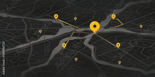 Navigation route map. GPS tracking system to navigate around the city landmarks. Abstract city map with connected yellow location pins representing navigation route. Vector illustration