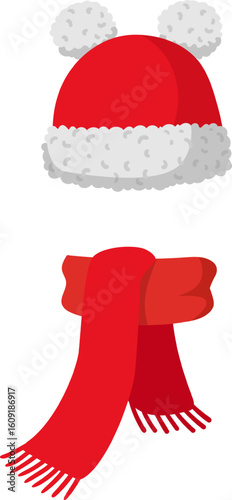 Red winter hat with two white pom poms and matching fringed scarf, essential accessories for keeping warm during cold season, isolated on white background